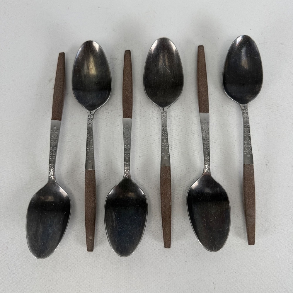 VTG Interpur Stainless Flatware 6 Pcs TABLE SPOONS 7 3/4" Brown Canoe Wood Japan
